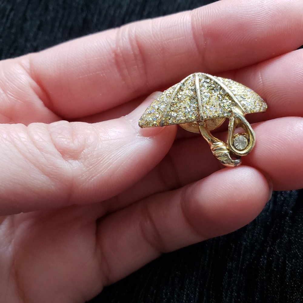 Gold Tone Glitter Shimmery Umbrella Pin with Jewel Rain Drop